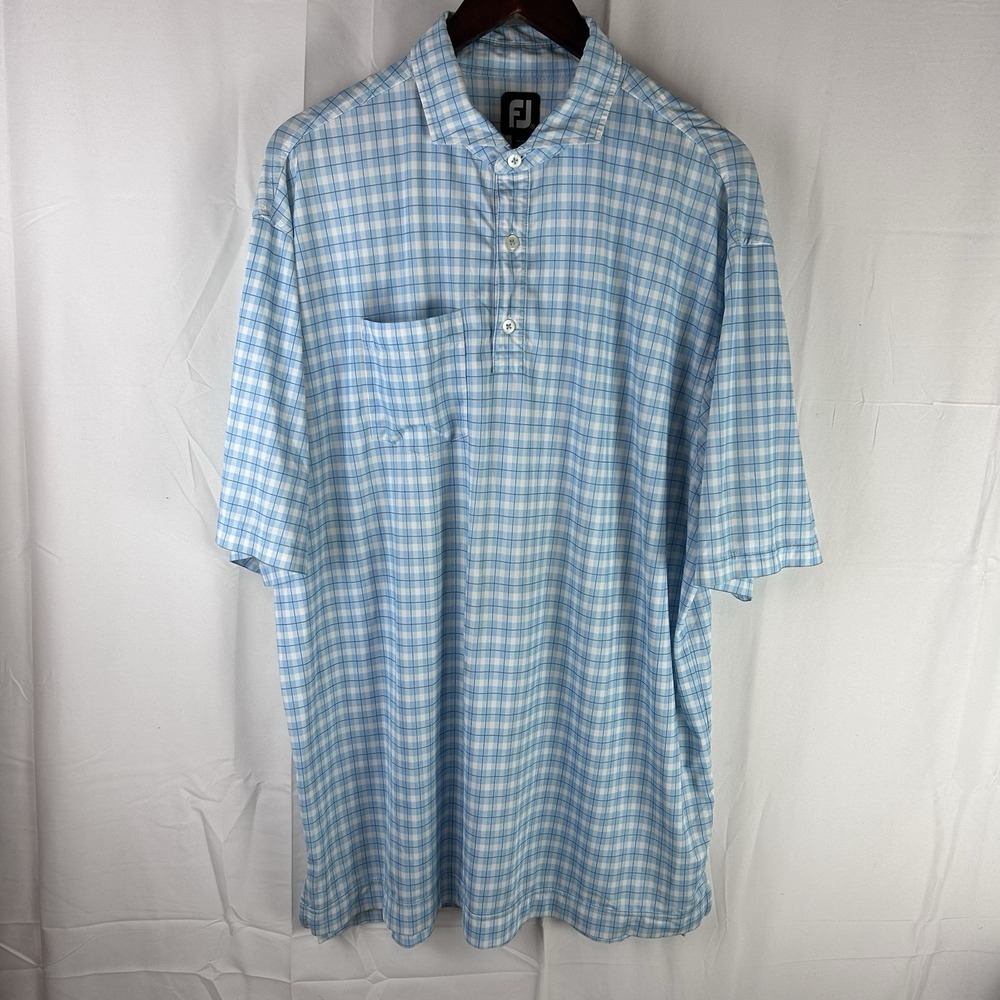 FootJoy Mens‎ Golf Polo Blue Checked Short Sleeve Size XL Pocket